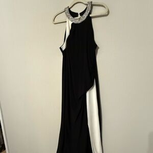 Elegant Black and white long dress with slit leg and rhinestone collar